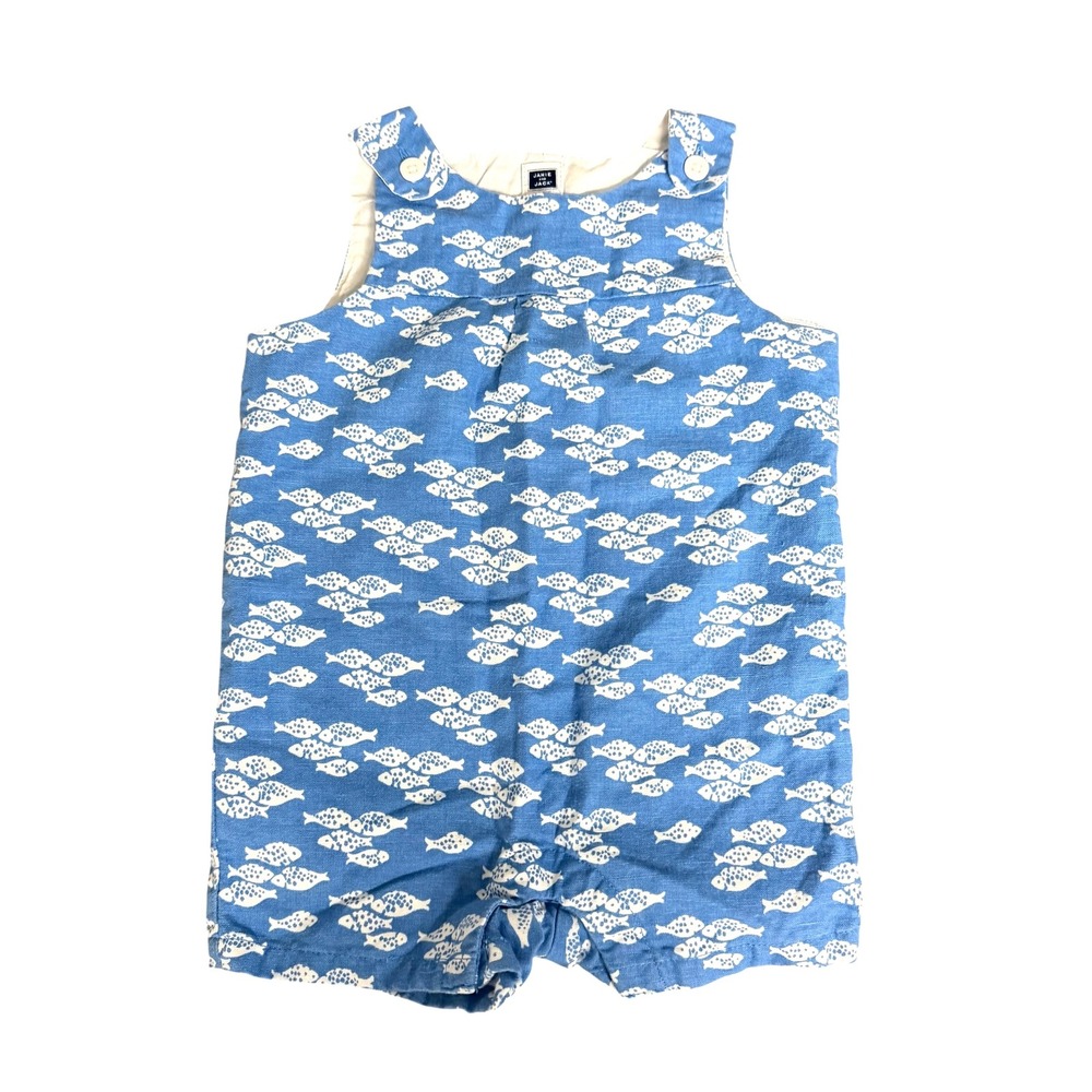 Janie and Jack Baby Boys‎ Blue Fish Print Linen Romper 3-6 Months